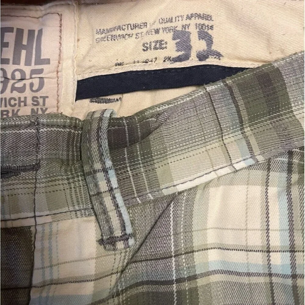 RUEHL No.925 Men's 32 Plaid Green Chino Shorts Heavy Twill Button Fly Drawstring